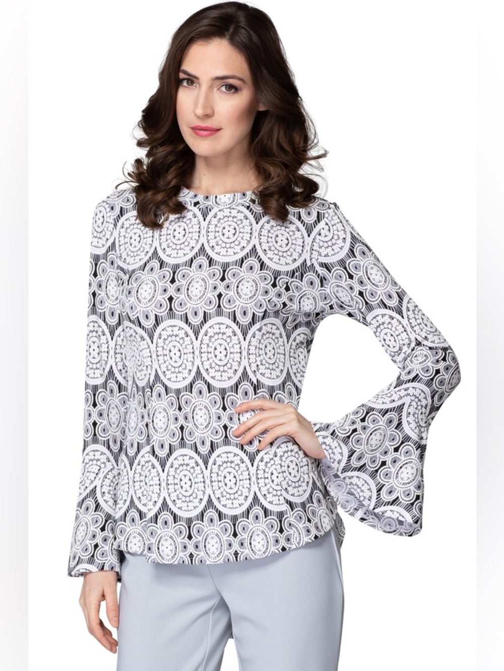 Joseph Ribkoff Blouse Style 193828 White Lace Overlay Bell Sleeves